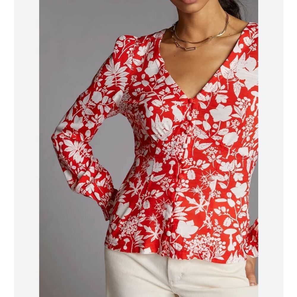 Anthropologie Maeve Seamed V-Neck Woodland Blouse Medium